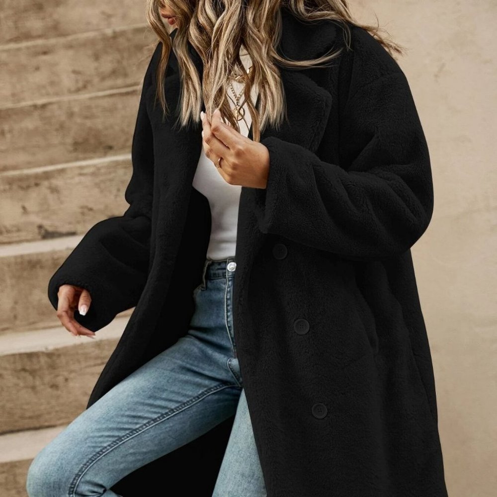 Black Preppy Womens Teddy Coat - Picture 4 of 4